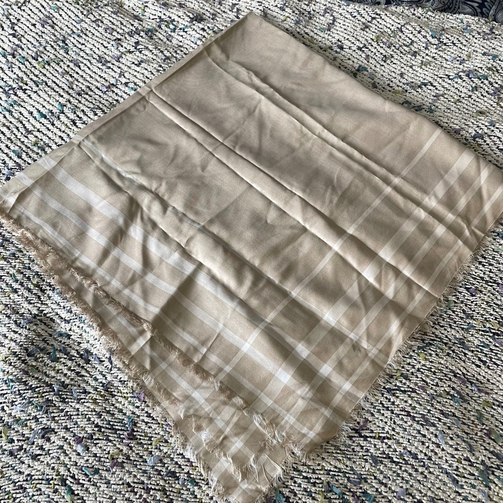 Luxury soft Tan beige block stripe edge 100% Silk Scarf Shawl Wrap Frayed‎ Edges